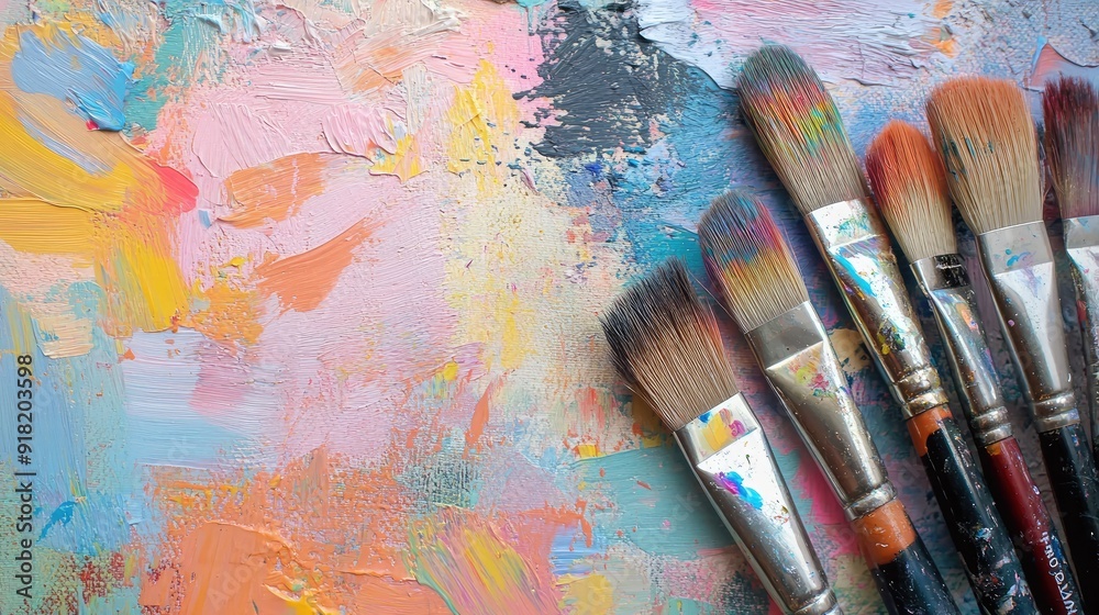 Fototapeta premium Overhead shot of used paintbrushes resting on a brightly colored canvas, with paint smudges and strokes in various hues.