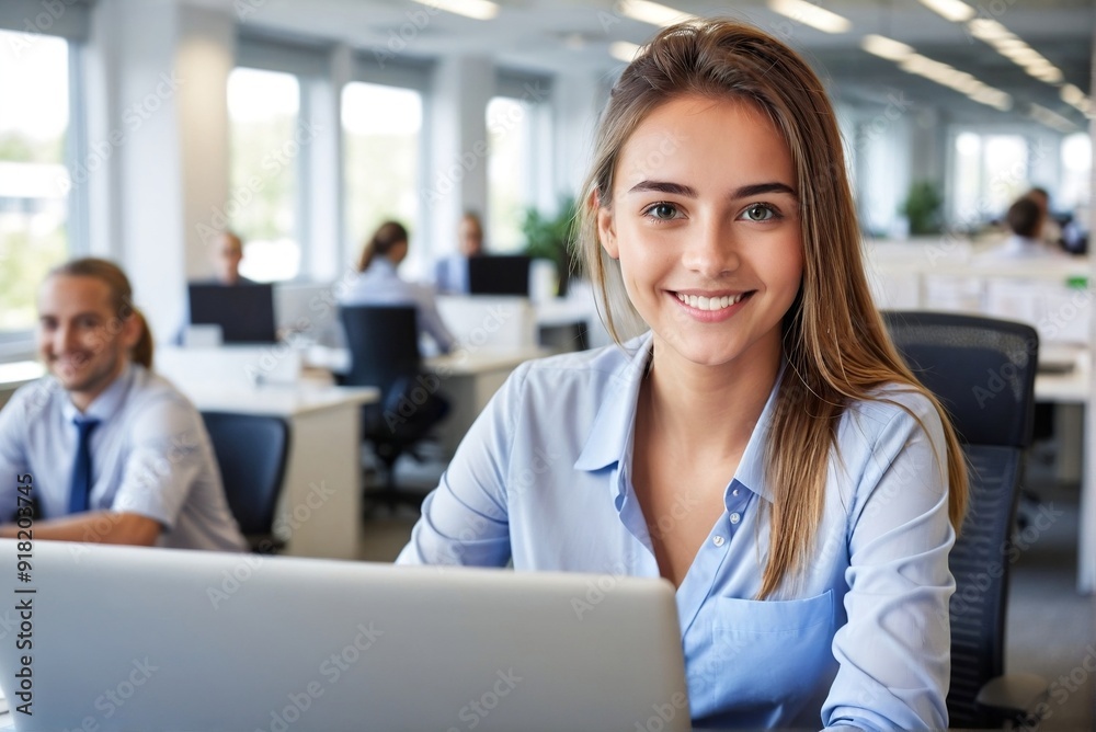 Young female office worker busy at work with copy space. Young female office worker busy at work with copy space.