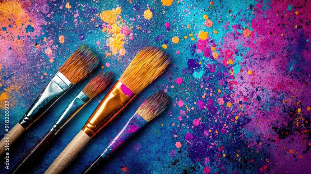 Fototapeta premium Paintbrushes lying on a vivid, painted canvas with splashes of bright colors, captured from above, symbolizing artistic expression.