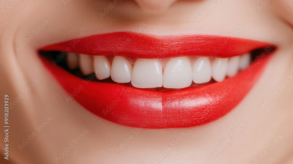Fototapeta premium A woman smiles brightly, highlighting her beautiful lips adorned with striking red lipstick
