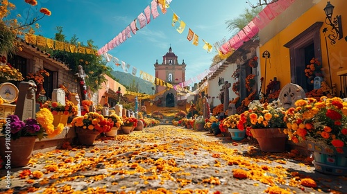 A Dia de los Muertos celebration in Oaxaca, Mexico, with intricately decorated graves and vibrant papel picado fluttering in the breeze