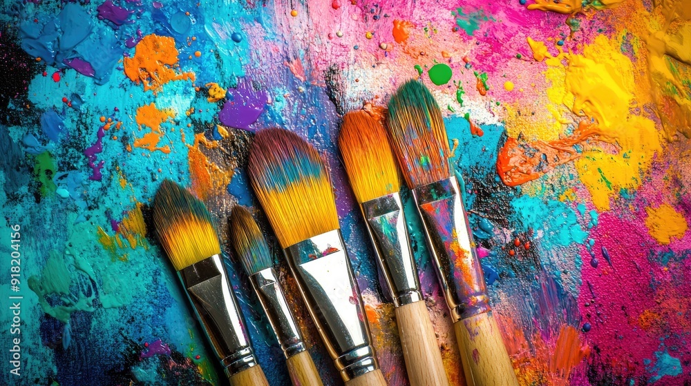 Fototapeta premium Paintbrushes lying on a vivid, painted canvas with splashes of bright colors, captured from above, symbolizing artistic expression.