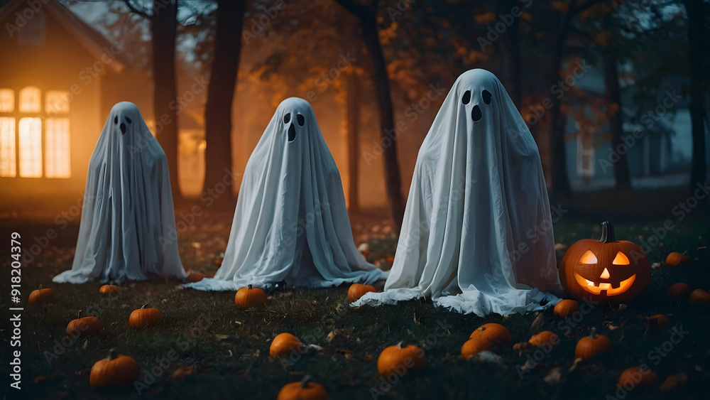 Halloween background three ghosts in the backyard in the woods and halloween pumpkin Halloween background three ghosts in the backyard in the woods and halloween pumpkin