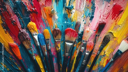 Paintbrushes lying on a vivid, painted canvas with splashes of bright colors, captured from above, symbolizing artistic expression.