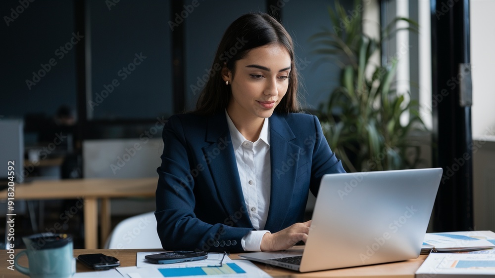 A young Pakistani businesswoman in formal attire, scrutinizing financial data on her laptop. A young Pakistani businesswoman in formal attire, scrutinizing financial data on her laptop.