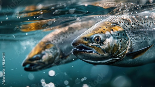 A group of salmon swim underwater in a river. photo