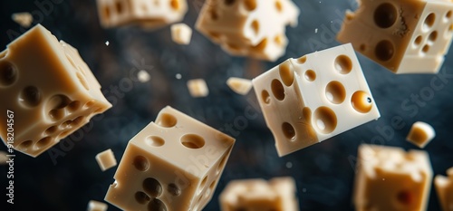 Close up of Swiss cheese cubes falling in mid air.  A delicious dairy product for sandwiches, salads, or cheese boards. photo