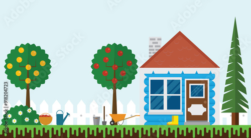 Small Summer House in the Garden with Fence Flat Design. Life and work in the countryside concept vector