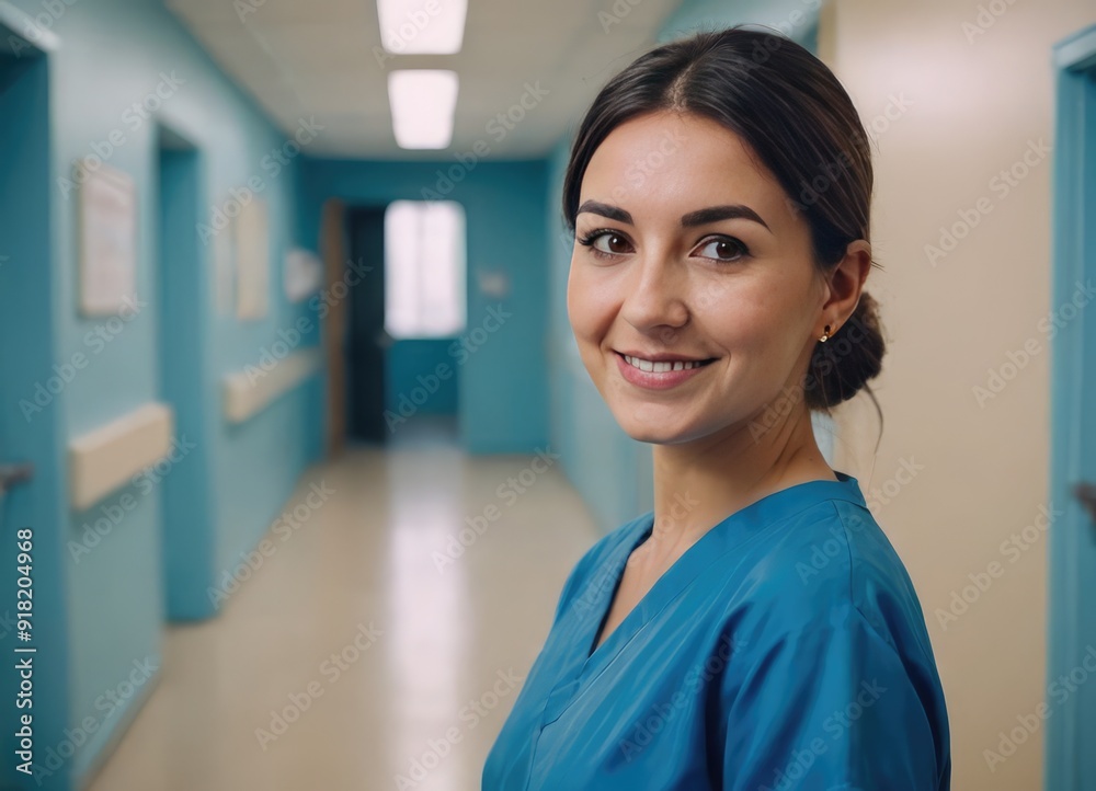 A Smiling Nurse in Scrubs at the Hospital, Providing Caring and Compassionate Assistance A Smiling Nurse in Scrubs at the Hospital, Providing Caring and Compassionate Assistance
