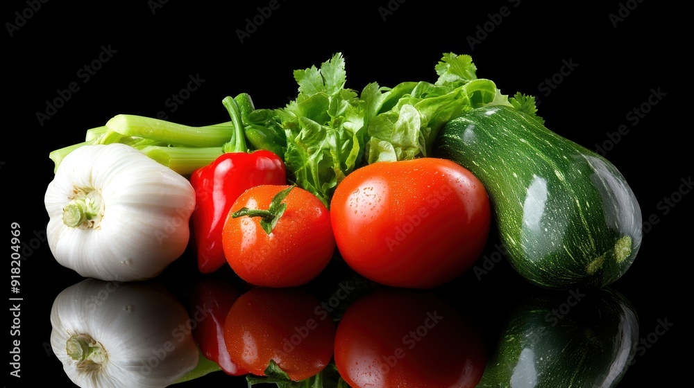 A variety of fresh vegetables including tomatoes, celery, and zucchini displayed against a dark background A variety of fresh vegetables including tomatoes, celery, and zucchini displayed against a dark background