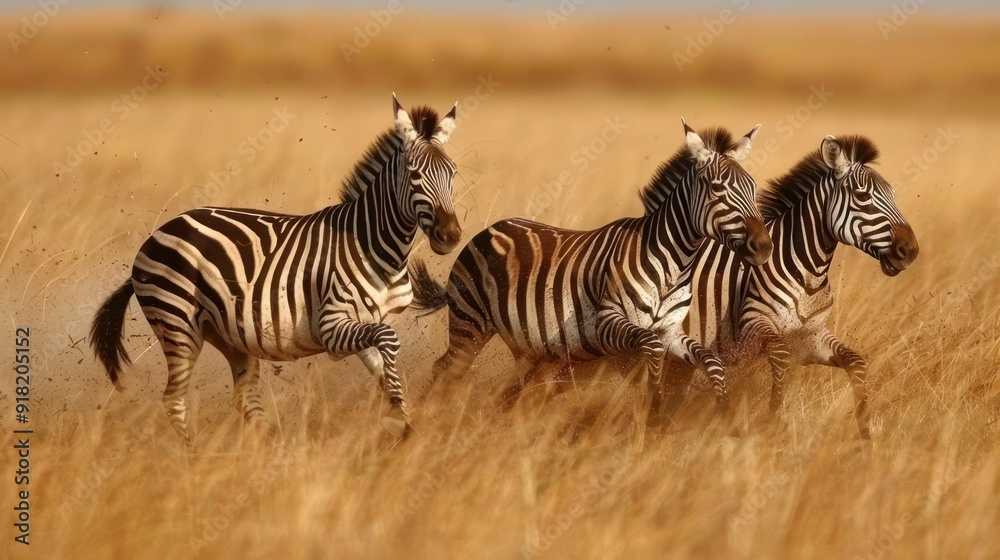 Fototapeta premium A group of zebras are seen galloping across an open plain.