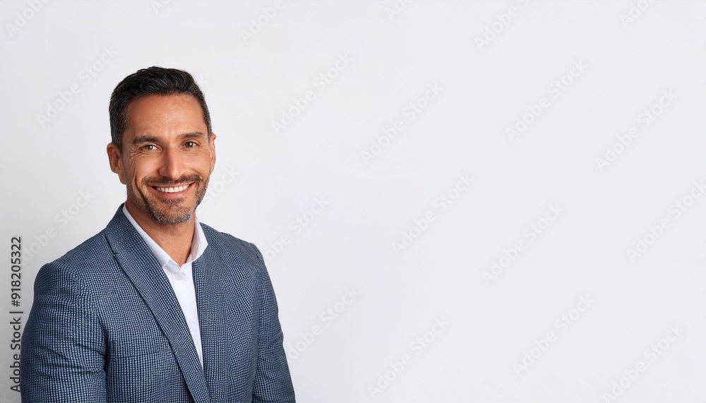 Closeup face headshot portrait of middle age mature adult man. Freelancer entrepreneur isolated on white background. Happy smiling handsome 40 years old latin hispanic businessman looking at Closeup face headshot portrait of middle age mature adult man. Freelancer entrepreneur isolated on white background. Happy smiling handsome 40 years old latin hispanic businessman looking at