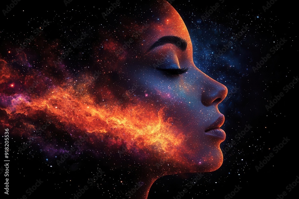 abstract digital painting of swirling cosmic nebulae forming the silhouette of a womans face with shimmering stardust and vibrant colors abstract digital painting of swirling cosmic nebulae forming the silhouette of a womans face with shimmering stardust and vibrant colors