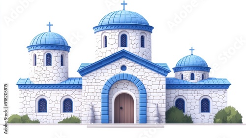 Illustration of a Greek Church with Blue Domes