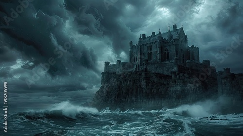 A haunted castle perched on cliffs overlooking turbulent seas under a stormy sky