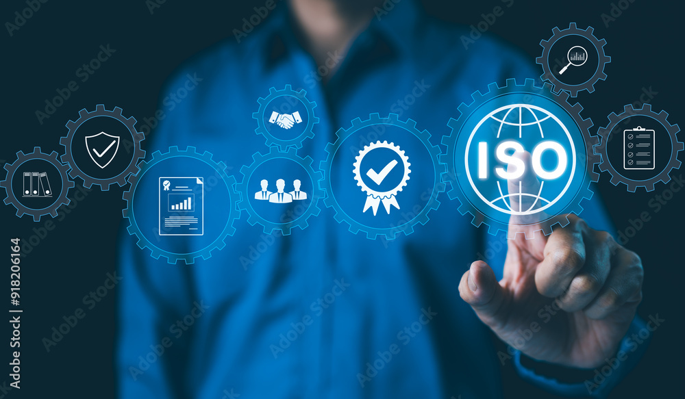 ISO Certification Concept Businessman touch representation of ISO