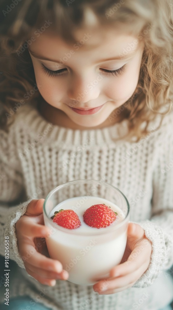 A young child holds a glass of milk with strawberries, smiling in a cozy home environment A young child holds a glass of milk with strawberries, smiling in a cozy home environment