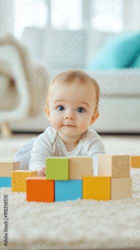 A baby explores colorful wooden blocks while crawling on a soft rug in a cozy indoor space photo