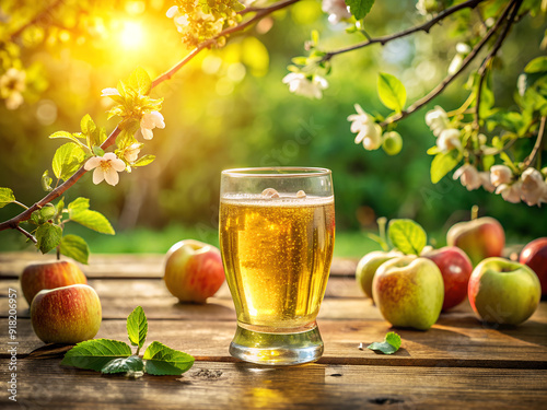 Apple Cider Splashing in a Glass with Blossoms in a Sunlit Garden