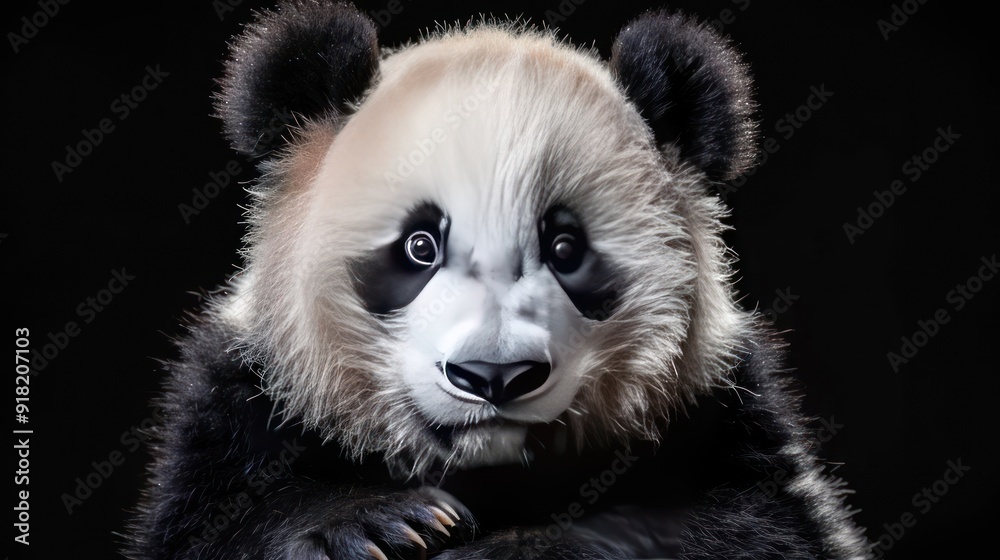 Fototapeta premium A panda wearing a mask sits in front of black background. is split diagonally into two sections,