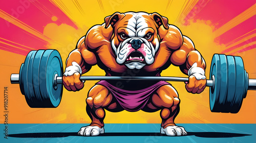 Pop Art Graphic of a Muscular, Angry Bulldog Lifting a Heavy Barbell in the Gym