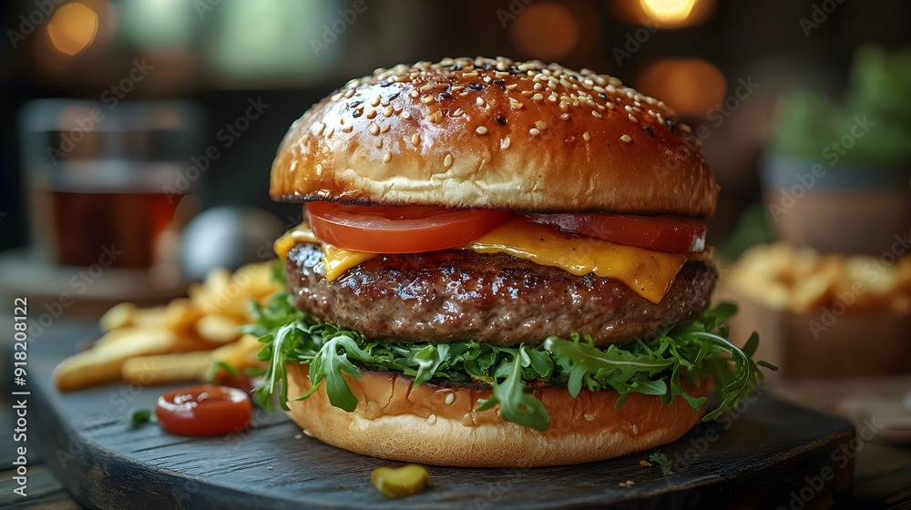 hamburger on a wooden illustration image for menu restaurant. Generative AI