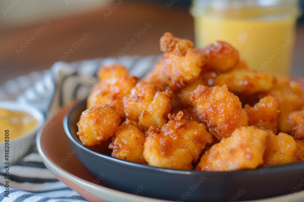 Closeup of golden fried chicken nuggets in a bowl with a side of sauce Closeup of golden fried chicken nuggets in a bowl with a side of sauce