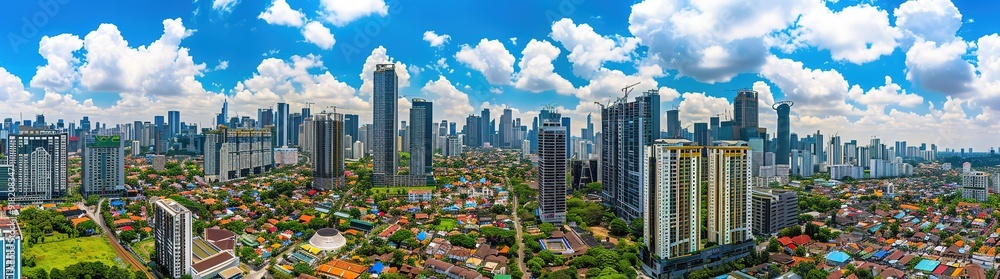 Obraz premium Aerial view of a cityscape with skyscrapers and clouds in the blue sky. The image showcases the modern architecture and urban development of a metropolitan area.