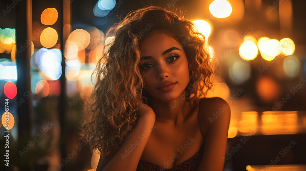 cute latin girl with curly blonde hair in a restaurant
