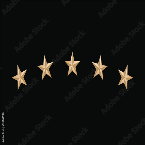 Set of 5 gold stars isolated on Black background. Vector realistic five golden stars