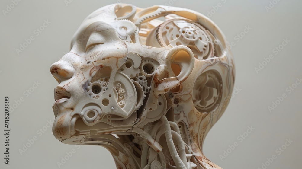 Fototapeta premium abstract sculpture of a head and neck in profile with the skin made of complex patterns incorporating gears and mechanical elements