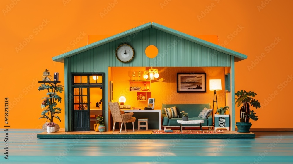 doll house two story on orange background doll house two story on orange background