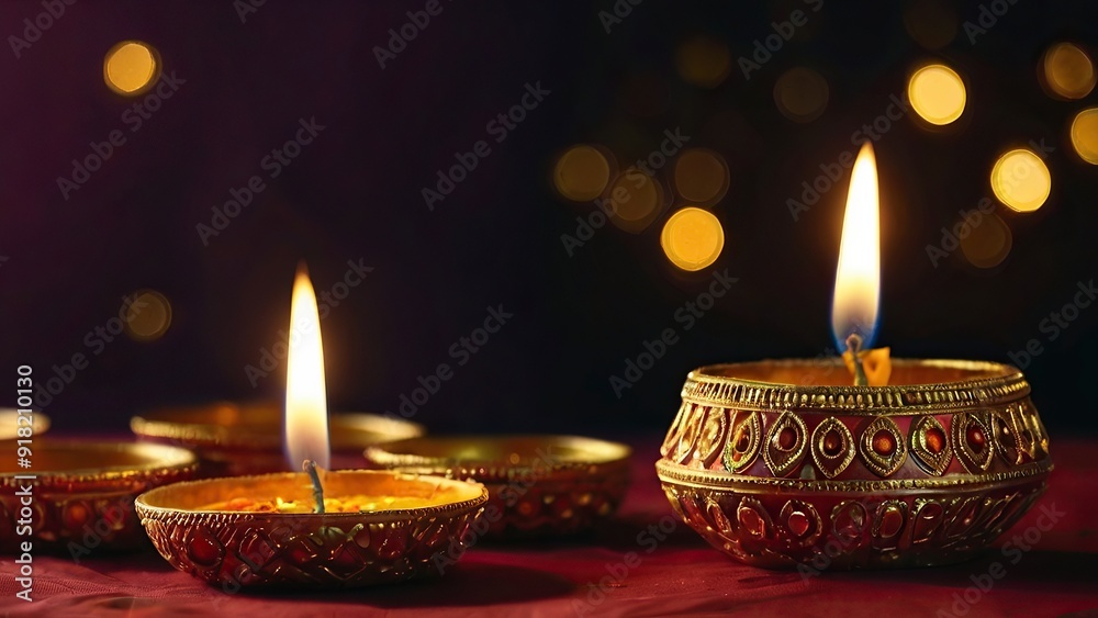 Indian festival Diwali, Diya oil lamps lit on colorful rangoli. Hindu traditional. Happy Deepavali. Copy space for text. Indian festival Diwali, Diya oil lamps lit on colorful rangoli. Hindu traditional. Happy Deepavali. Copy space for text.
