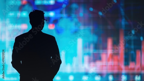 Businessman silhouette giving a virtual presentation, large screen in the background with charts and data, professional setting.