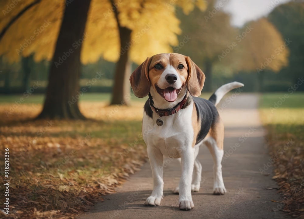 The beagle stands in the grass with his tongue sticking out. Breed dog portrait. Happy Dog on the walk in the park. The beagle stands in the grass with his tongue sticking out. Breed dog portrait. Happy Dog on the walk in the park.