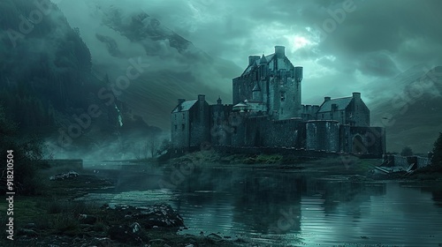 A haunted Scottish castle with ancient clan tartans and ghostly pipers playing haunting melodies by moonlight