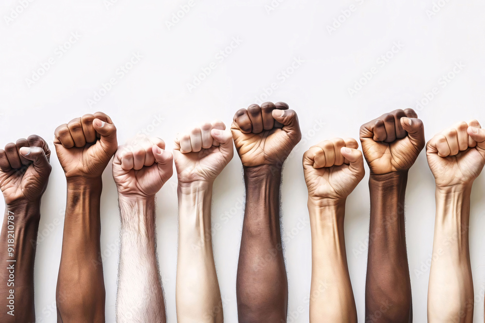 Multiple fists of different skin tones raised in solidarity. Generative Ai Multiple fists of different skin tones raised in solidarity. Generative Ai