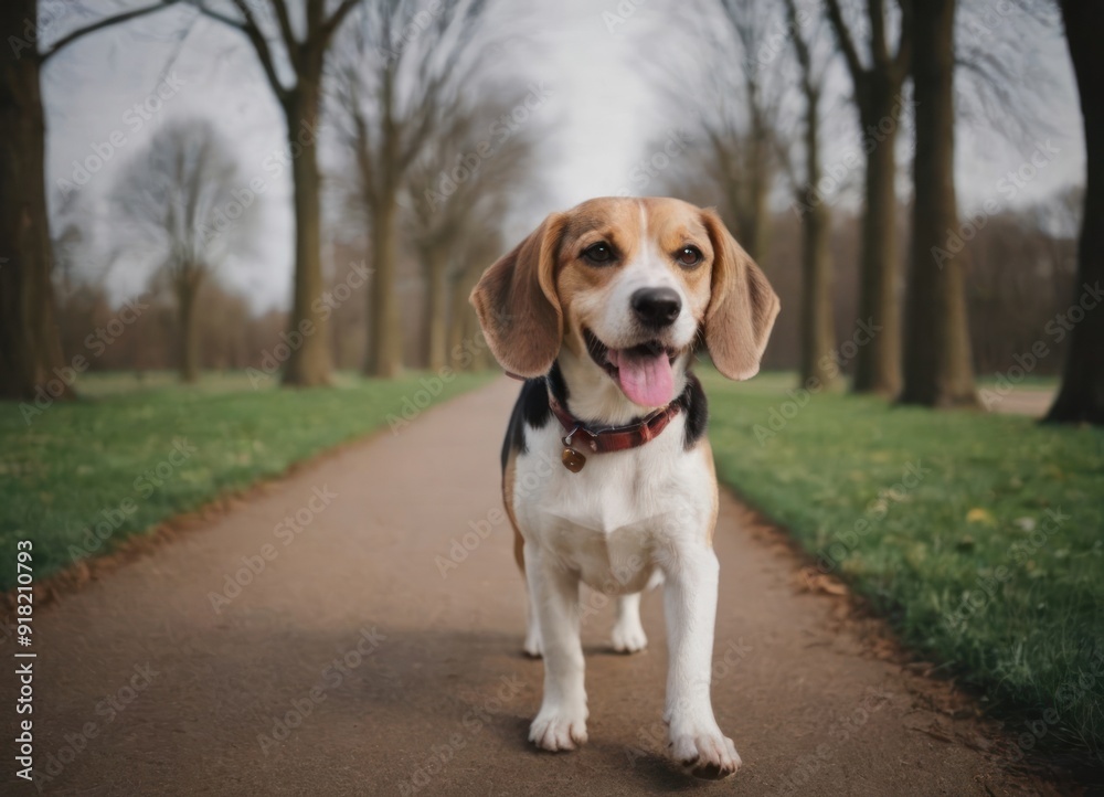 The beagle stands in the grass with his tongue sticking out. Breed dog portrait. Happy Dog on the walk in the park. The beagle stands in the grass with his tongue sticking out. Breed dog portrait. Happy Dog on the walk in the park.