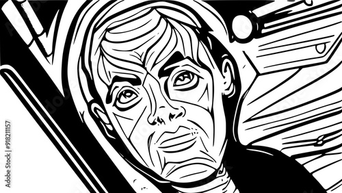 A stylized black and white illustration of a person's face, featuring bold lines and abstract elements, suggesting a space, sci-fi theme or mental health. People with dementia..