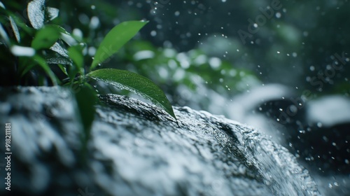 Raindrops bounce off the vibrant green leaves resting atop a rocky surface, capturing the raw beauty and resilience of nature in a close-up, detailed photograph. photo