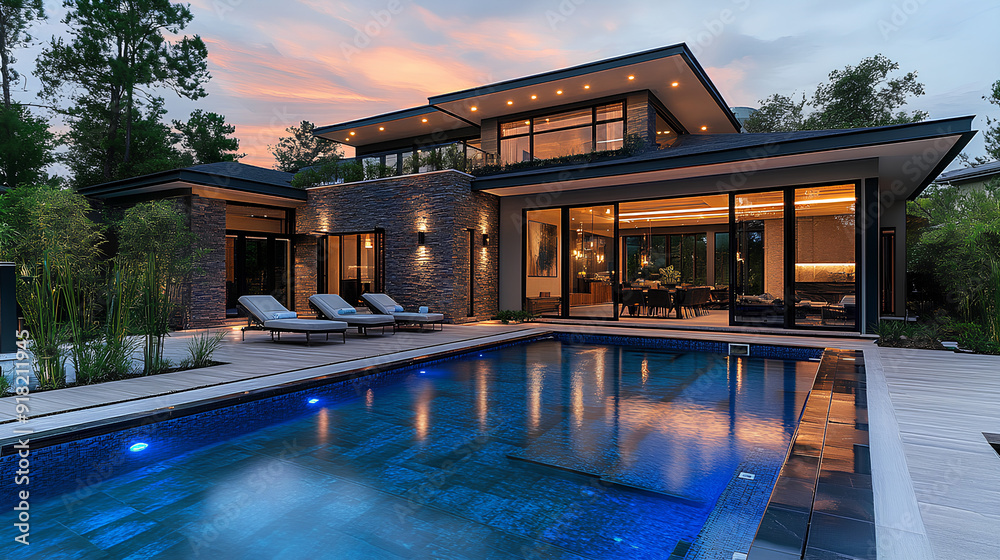 Obraz premium Pool lighting in backyard at night for family lifestyle and living area. Luxury design with good light and clean landscaping