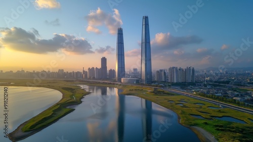 Korea Incheon buildings skyline with ocean front