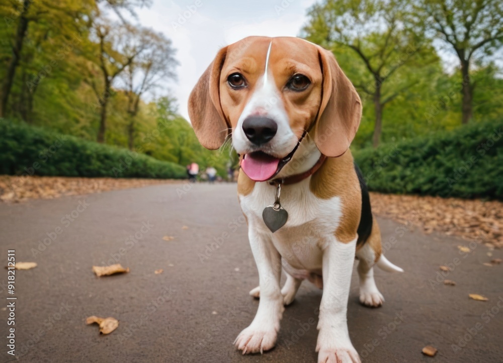 The beagle stands in the grass with his tongue sticking out. Breed dog portrait. Happy Dog on the walk in the park. The beagle stands in the grass with his tongue sticking out. Breed dog portrait. Happy Dog on the walk in the park.