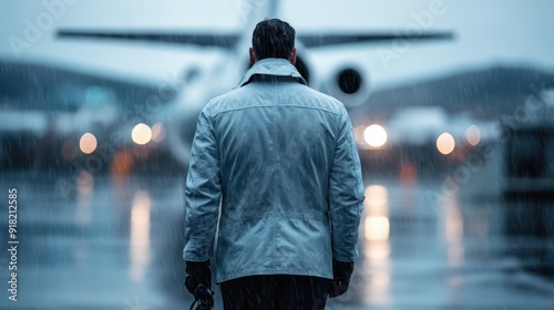 A person dressed in a light jacket walks towards a prominently positioned airplane under rainy conditions, capturing the mood of determination and resolve amid a wet and reflective airport surface. photo