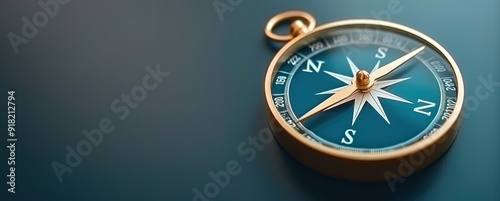 A compass with a blue face and a gold frame rests on a blue background. The compass needle points north.