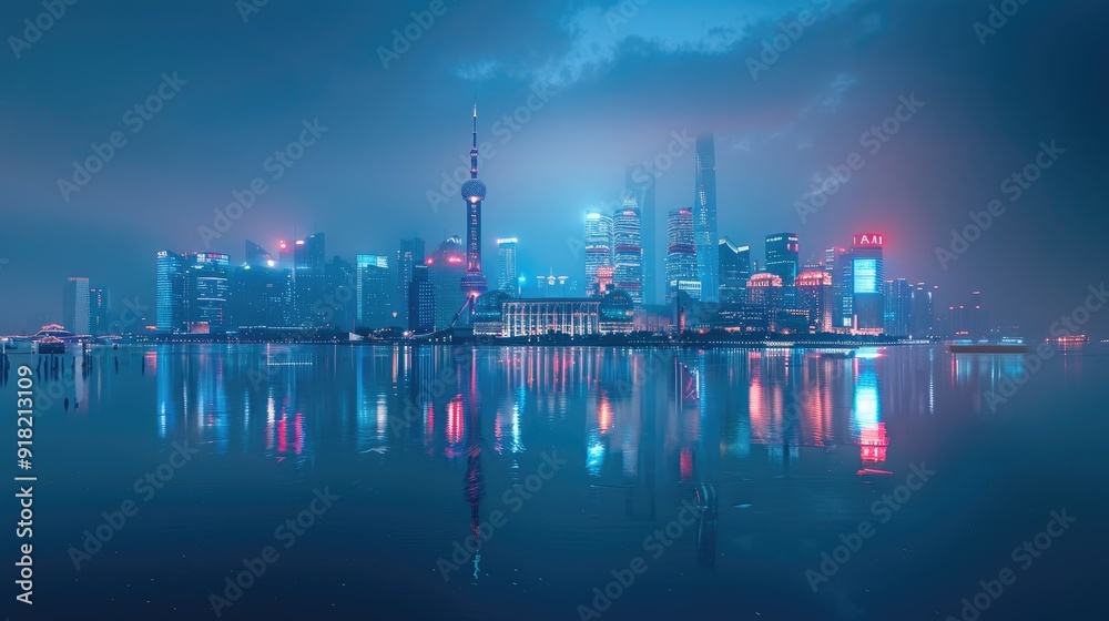 A stunning night cityscape with glowing skyscrapers reflected in a calm river. A stunning night cityscape with glowing skyscrapers reflected in a calm river.