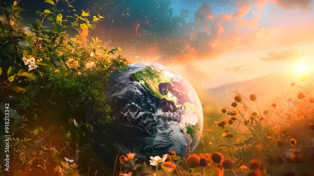 The Earth surrounded by vibrant flowers in a surreal, dreamy setting with glowing bokeh effects. The globe is detailed, highlighting continents and oceans. This image represents nature, environmental The Earth surrounded by vibrant flowers in a surreal, dreamy setting with glowing bokeh effects. The globe is detailed, highlighting continents and oceans. This image represents nature, environmental