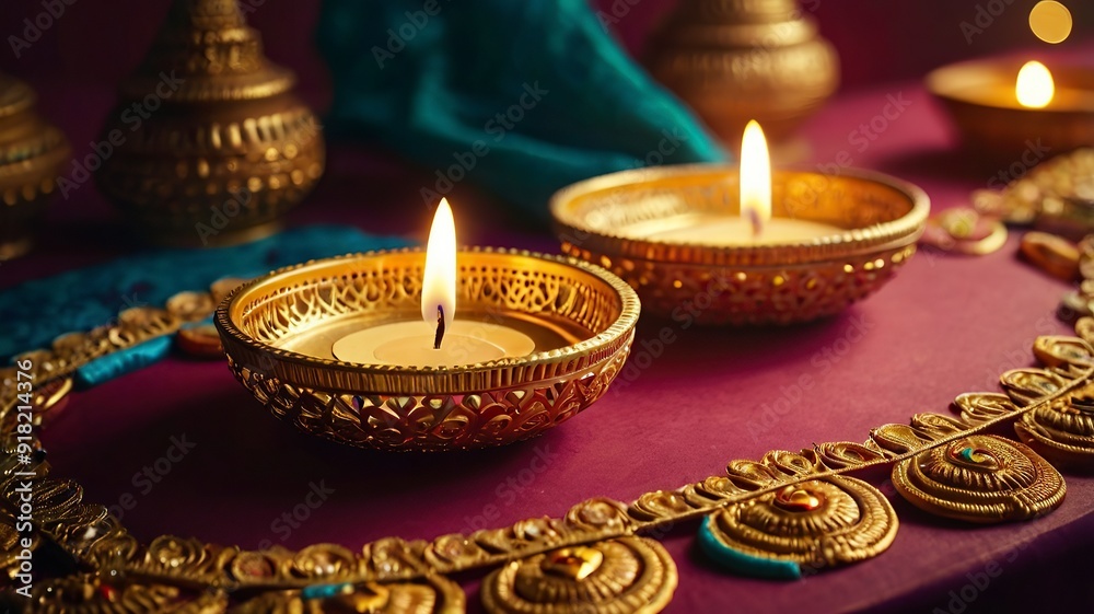 Indian festival Diwali, Diya oil lamps lit on colorful rangoli. Hindu traditional. Happy Deepavali. Copy space for text. Indian festival Diwali, Diya oil lamps lit on colorful rangoli. Hindu traditional. Happy Deepavali. Copy space for text.