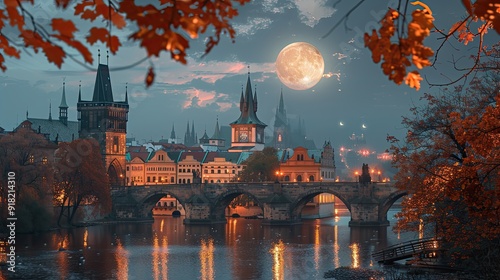 A mystical Halloween night in Prague, with gothic cathedrals and eerie Golem legends coming to life under a harvest moon