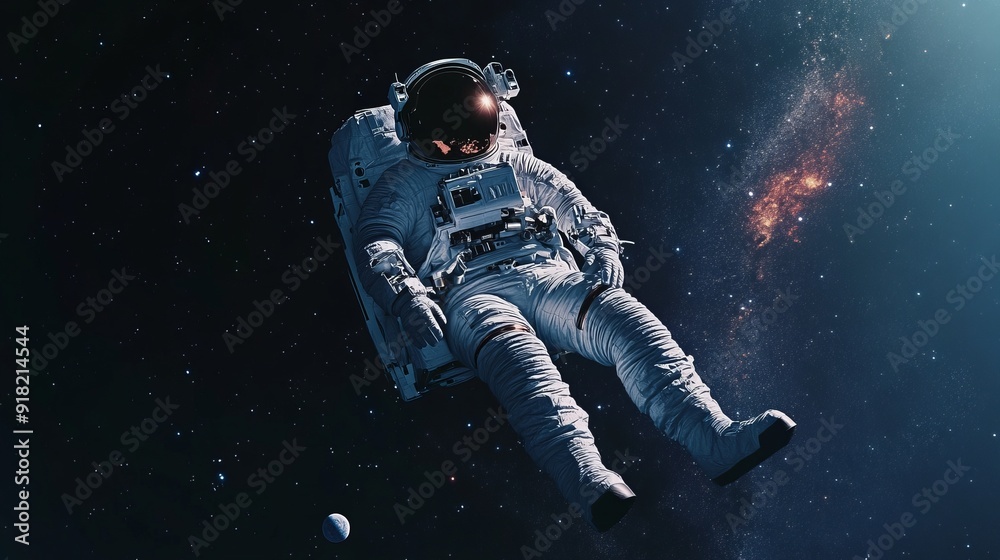 Astronaut Floating in Weightlessness of Space Surrounded by Stars and Planets - Realistic UHD Illustration Astronaut Floating in Weightlessness of Space Surrounded by Stars and Planets - Realistic UHD Illustration